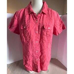 Tommy Bahama Relax Womens Coral 100% Linen Short Sleeve Button Front Shirt L